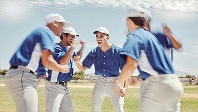 Buy stock photo Baseball, baseball team and celebration, success and winner. Teamwork, collaboration and happy baseball players celebrate game victory, winning competition or training match on grass field outdoors.