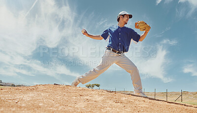 Buy stock photo Sports, baseball and pitching with man on field for training, fitness and playing games competition. Health, wellness and action with baseball player and throwing for practice, athlete and exercise