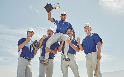 Buy stock photo Baseball team, winner men or trophy success in fitness game, workout match or competition exercise. Portrait, smile or happy baseball players winning award in softball, field sports or stadium event