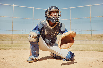Buy stock photo Baseball, sports and man waiting on a field during a game, competition or training. Athlete catcher playing a sport with focus for exercise and fitness in nature or a park at an event in summer