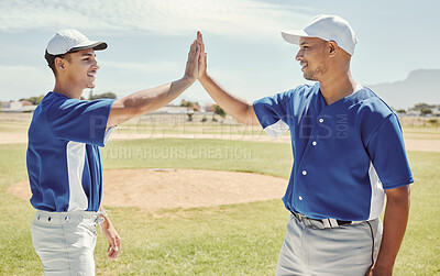 Buy stock photo Baseball, winning and high five for success on field for match game at pitch in Boston, USA. Team, friends and black people celebration on baseball field for sports tournament win together.

