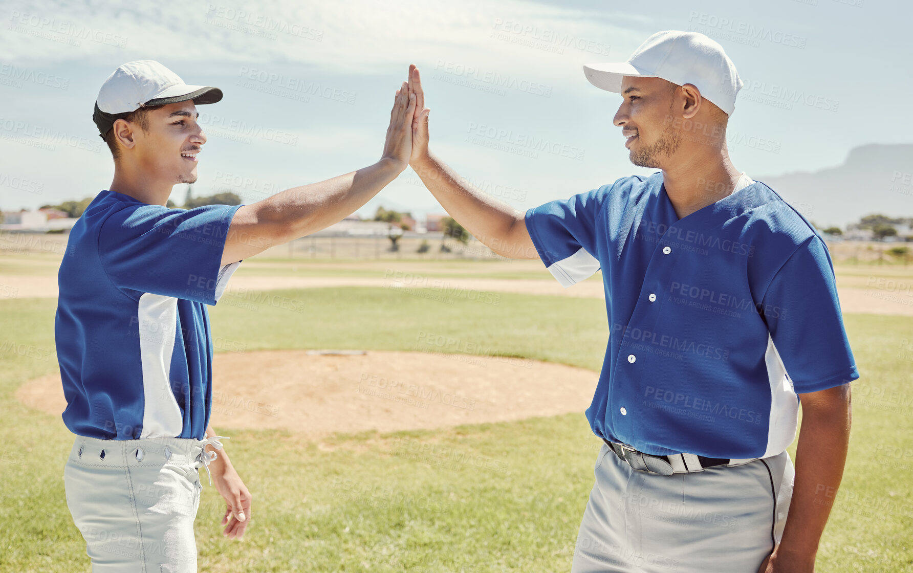 Buy stock photo Baseball, winning and high five for success on field for match game at pitch in Boston, USA. Team, friends and black people celebration on baseball field for sports tournament win together.

