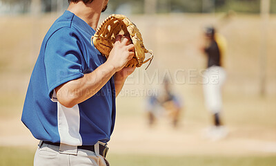 Buy stock photo Baseball, sports and pitcher with a ball and glove to throw or pitch at a match or training. Fitness, softball and man athlete playing a game or practicing pitching with equipment on outdoor field.