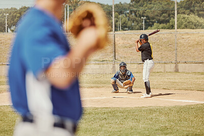 Buy stock photo Sports, baseball and baseball player at baseball field for training with pitch, baseball batter and focus. Softball player, thinking and planning ball throw at a softball field during a field game