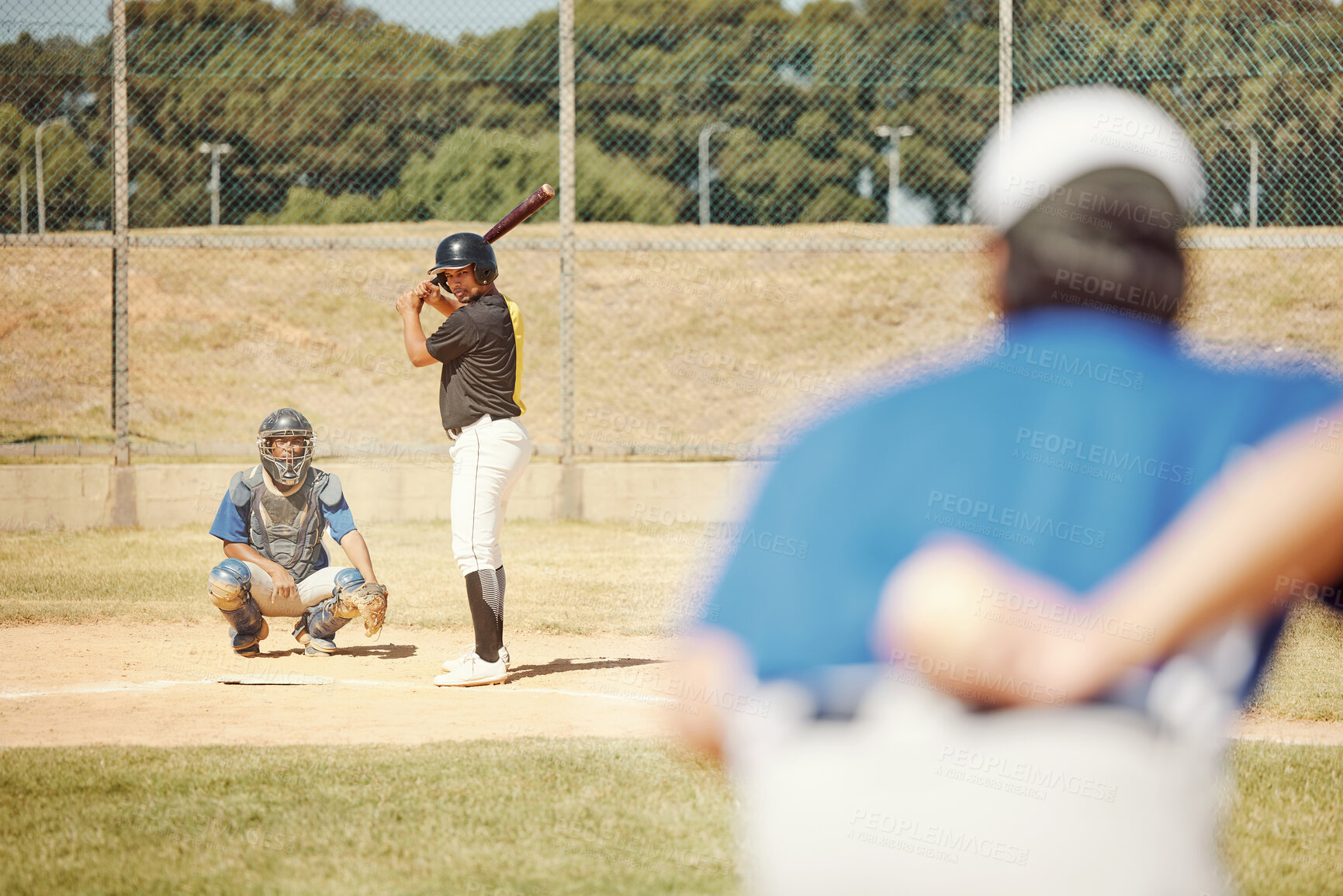 Buy stock photo Team, baseball and pitch in sports game for exercise, collaboration and player with bat ready to hit ball. Teamwork, fitness and athletes on baseball field for training, practice or softball match