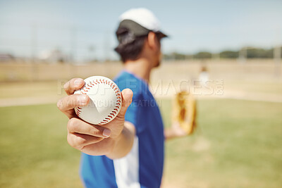 Baseball player, ball and man hands in fitness game, workout match or training competition sports field. Zoom, softball player and pitcher athlete ready to throw for goals in stadium summer exercise