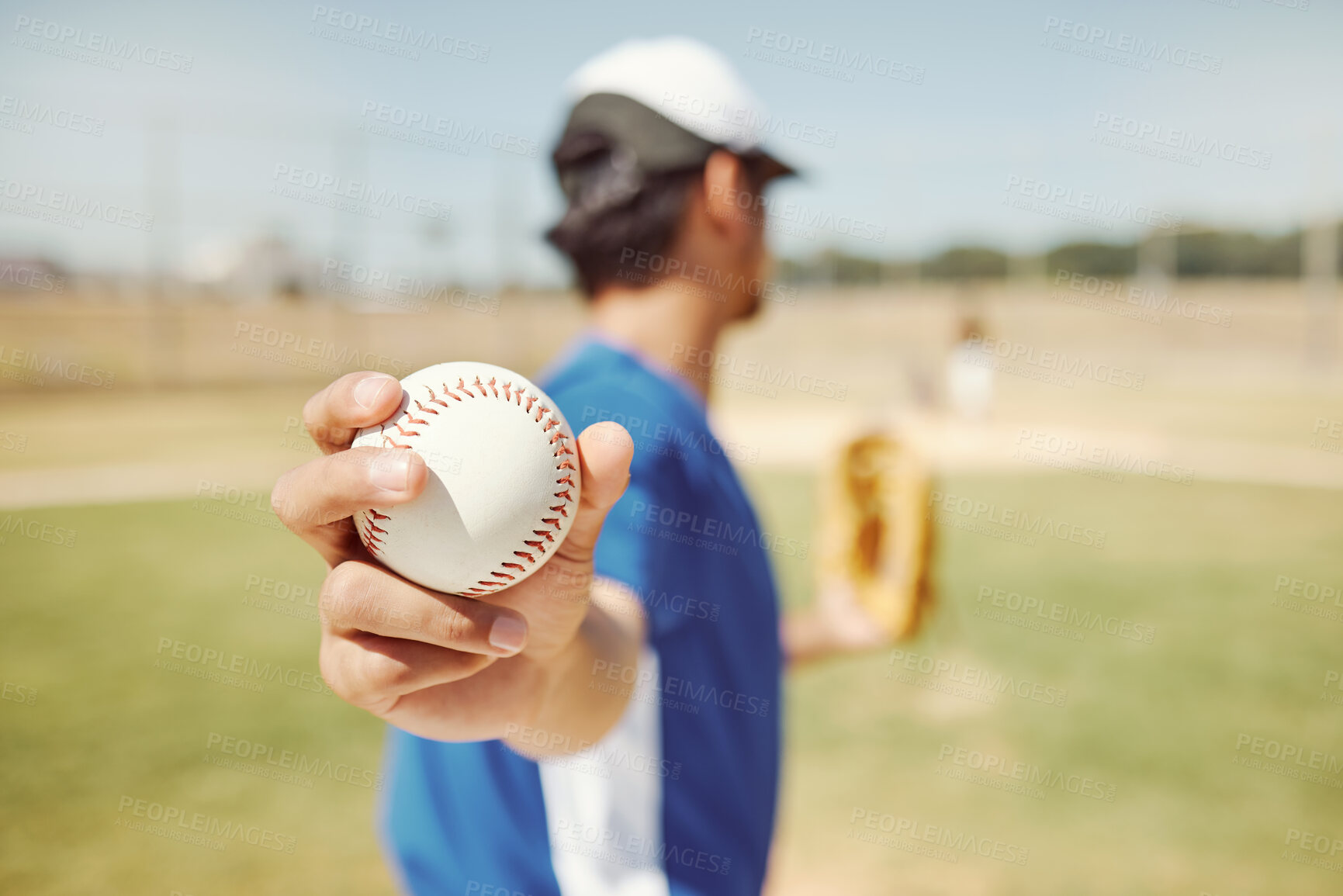 Buy stock photo Baseball player, ball and man hands in fitness game, workout match or training competition sports field. Zoom, softball player and pitcher athlete ready to throw for goals in stadium summer exercise