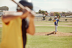 Sport, baseball and player ready to pitch in game, match and training on summer day. Fitness, exercise and athletes on baseball field with focus, determination and concentration in baseball players