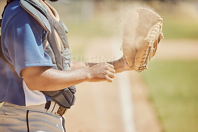 Buy stock photo Baseball, sports and man with a ball and glove during training, professional game and competition on the field. Hands of an athlete ready for sport, fitness and cardio in nature, park or pitch