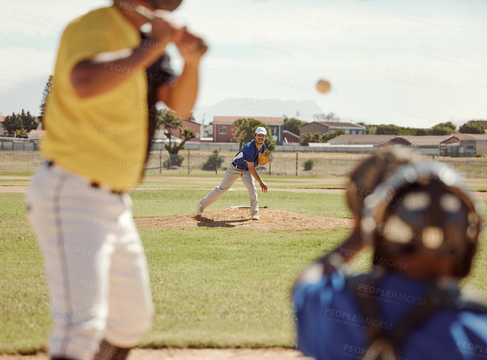 Buy stock photo Baseball, bat and man ready for a fast ball on a baseball field in a training match or game outdoors in Houston. Softball, fitness and sports athlete pitcher pitching with speed in a team performance