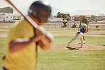 Baseball, sports and men on field during a competition, professional event and sport for fitness together. Athlete players with energy training for a game on a ground, park or in nature during summer