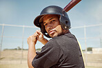 Sports portrait of athlete baseball player with bat for power strike, hit or swing in club competition, game or practice match. Softball motivation, winner mindset and man ready for field training