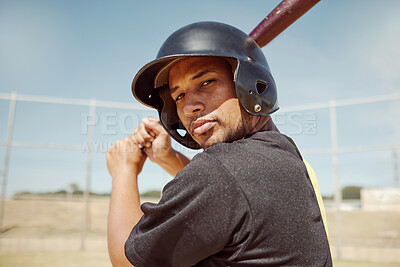 Buy stock photo Sports portrait of athlete baseball player with bat for power strike, hit or swing in club competition, game or practice match. Softball motivation, winner mindset and man ready for field training