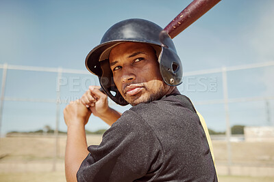 Buy stock photo Baseball player, man and fitness athlete train for baseball competition on pitch field outdoors. Sports wellness workout, healthy lifestyle and man in sport safety helmet with bat at stadium outside