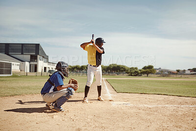 Buy stock photo Baseball player, baseball team and man with bat on baseball field ready for training game, competition or match. Fitness, teamwork and baseball batter with team for sports workout outdoors on pitch.