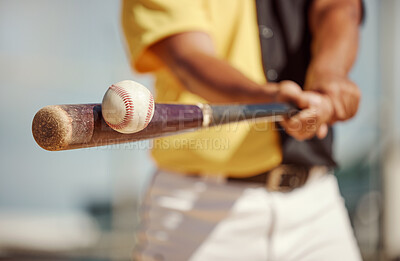 Buy stock photo Baseball, bat and ball being hit on a field at a sports training, practice or competition game. Softball, sport equipment and man athlete practicing to swing a wood baton on outdoor pitch or stadium.