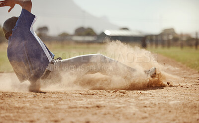 Buy stock photo Baseball, baseball player running and diving for home plate in dirt during sport ball game competition on sand of baseball pitch. Sports man, ground slide and summer fitness training at Dallas Texas 