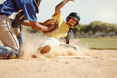 Buy stock photo Baseball player, run and slide in dirt for game, contest or match on field, pitch or stadium. Man, baseball and dust in sand for sports to reach base fast for win, competition and sport in summer