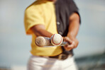 Baseball, baseball player and black man hit ball on field in match, game or competition. Fitness, sports and closeup of baseball batter with baseball bat outdoors for training, workout or exercise.
