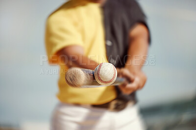 Buy stock photo Baseball, baseball player and black man hit ball on field in match, game or competition. Fitness, sports and closeup of baseball batter with baseball bat outdoors for training, workout or exercise.
