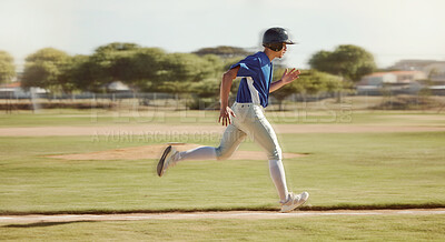 Buy stock photo Baseball, sports and man running on a field during a game, professional event or training. Fast, speed and athlete doing run while playing sport at ground, park or in nature for fitness and exercise