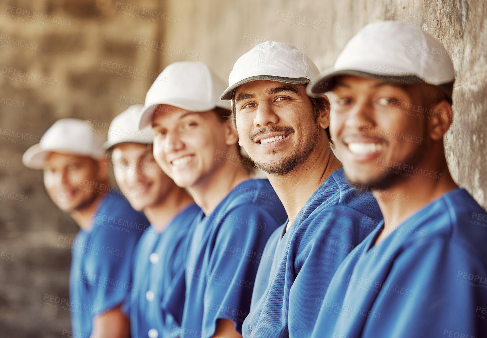 Buy stock photo Baseball, baseball team and happy portrait smile ready for training, exercise or practice. Sports, teamwork and group of baseball players standing in dugout in collaboration preparing for workout.