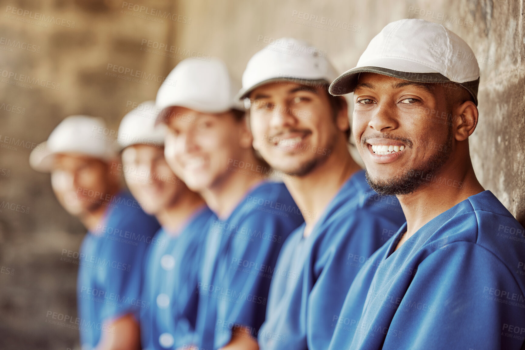Buy stock photo Sports, baseball and team of players in dugout smiling and happy, sitting in row. Smile, teamwork and portrait of professional baseball team relax before competition game or training workout session.
