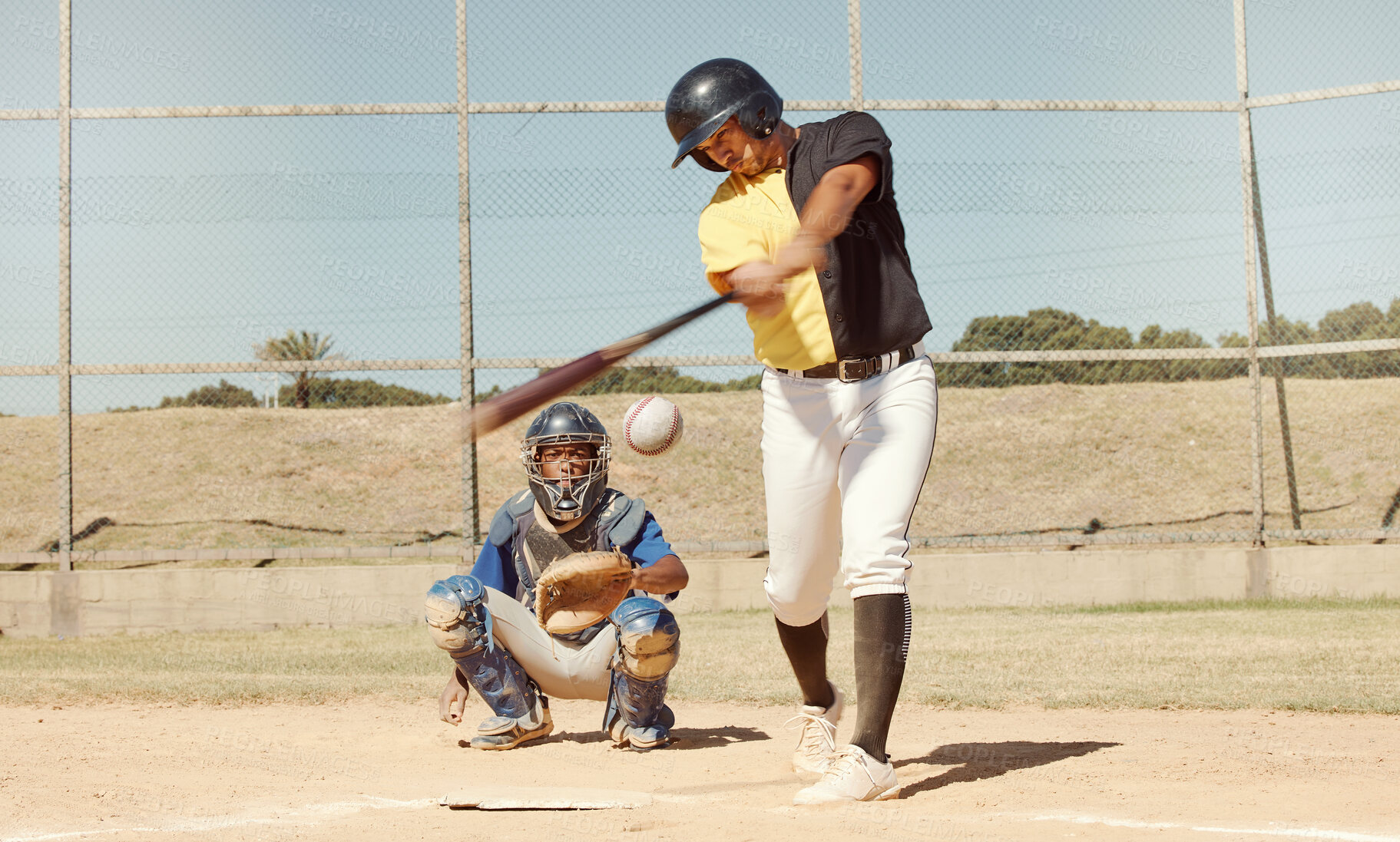 Buy stock photo Sports man, field and baseball player strike ball in game competition, practice or bat training workout. Softball pitch, health performance and athlete working on match fitness or power exercise