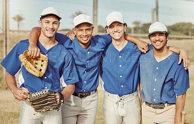 Buy stock photo Baseball player, baseball and team, sport on baseball field, young men smile in portrait, fitness and exercise with sports game. Athlete, happy and glove, workout and training, happy about match.