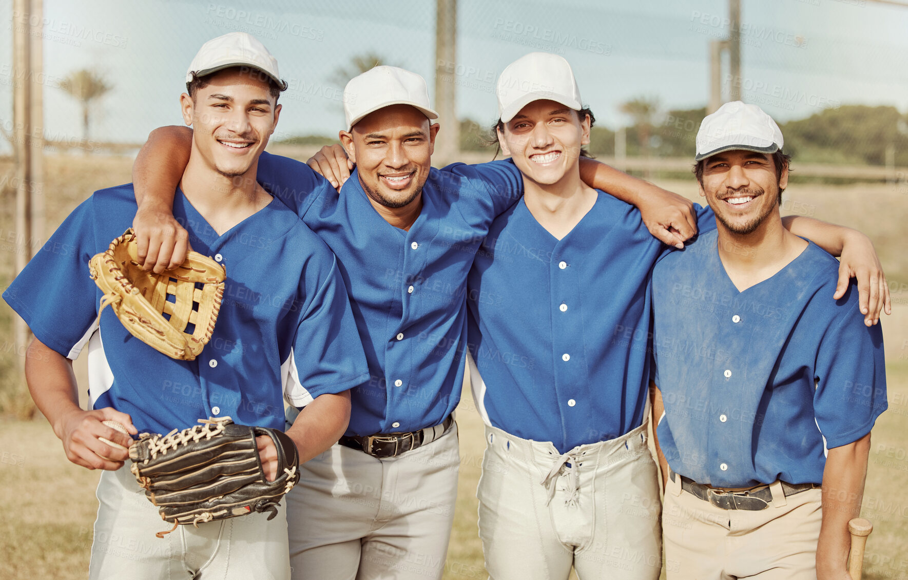 Buy stock photo Baseball player, baseball and team, sport on baseball field, young men smile in portrait, fitness and exercise with sports game. Athlete, happy and glove, workout and training, happy about match.