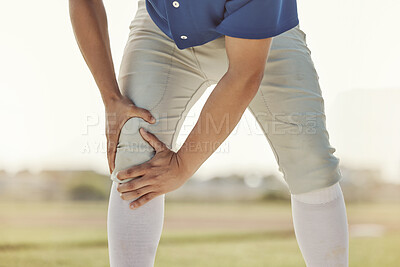 Sports man, knee injury and athlete with leg muscle strain on baseball field ground of pitch at athletic training ball game. Exercise accident, joint pain and outdoor fitness workout in Dallas Texas