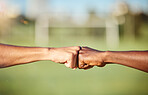 Fist bump, closeup and diversity meeting, team support and partnership outdoors. Hands of friends greeting with thank you, solidarity motivation or trust in a goal success and strategy achievement