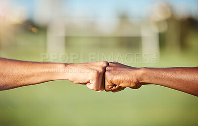 Buy stock photo Fist bump, closeup and diversity meeting, team support and partnership outdoors. Hands of friends greeting with thank you, solidarity motivation or trust in a goal success and strategy achievement