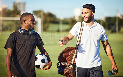 Buy stock photo Soccer players, friends and men walking on football field after practice or fitness training on grass field. Diversity, smile and football players talking, bonding or discussion after sports workout.