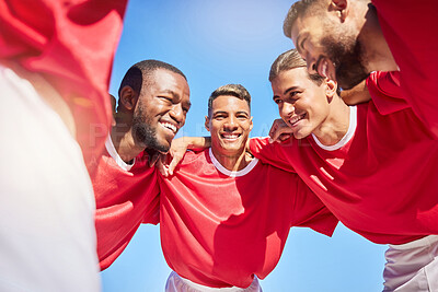 Buy stock photo Sports, huddle and team with motivation, support and solidarity during a game. Happy, excited and athlete group with smile for partnership in sport, community and discussion at a professional event