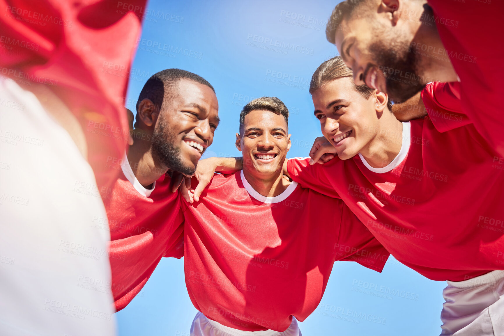 Buy stock photo Sports, huddle and team with motivation, support and solidarity during a game. Happy, excited and athlete group with smile for partnership in sport, community and discussion at a professional event