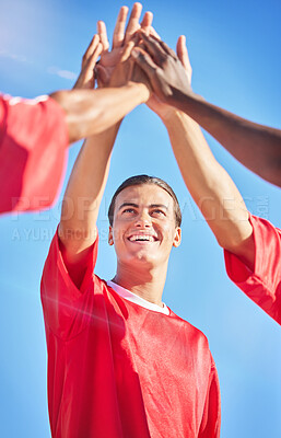 Buy stock photo High five, soccer and team in celebration of a goal and winning in a sports game or match outdoors in summer in Brazil. Success, fitness and happy friends or athletes reaching football score targets