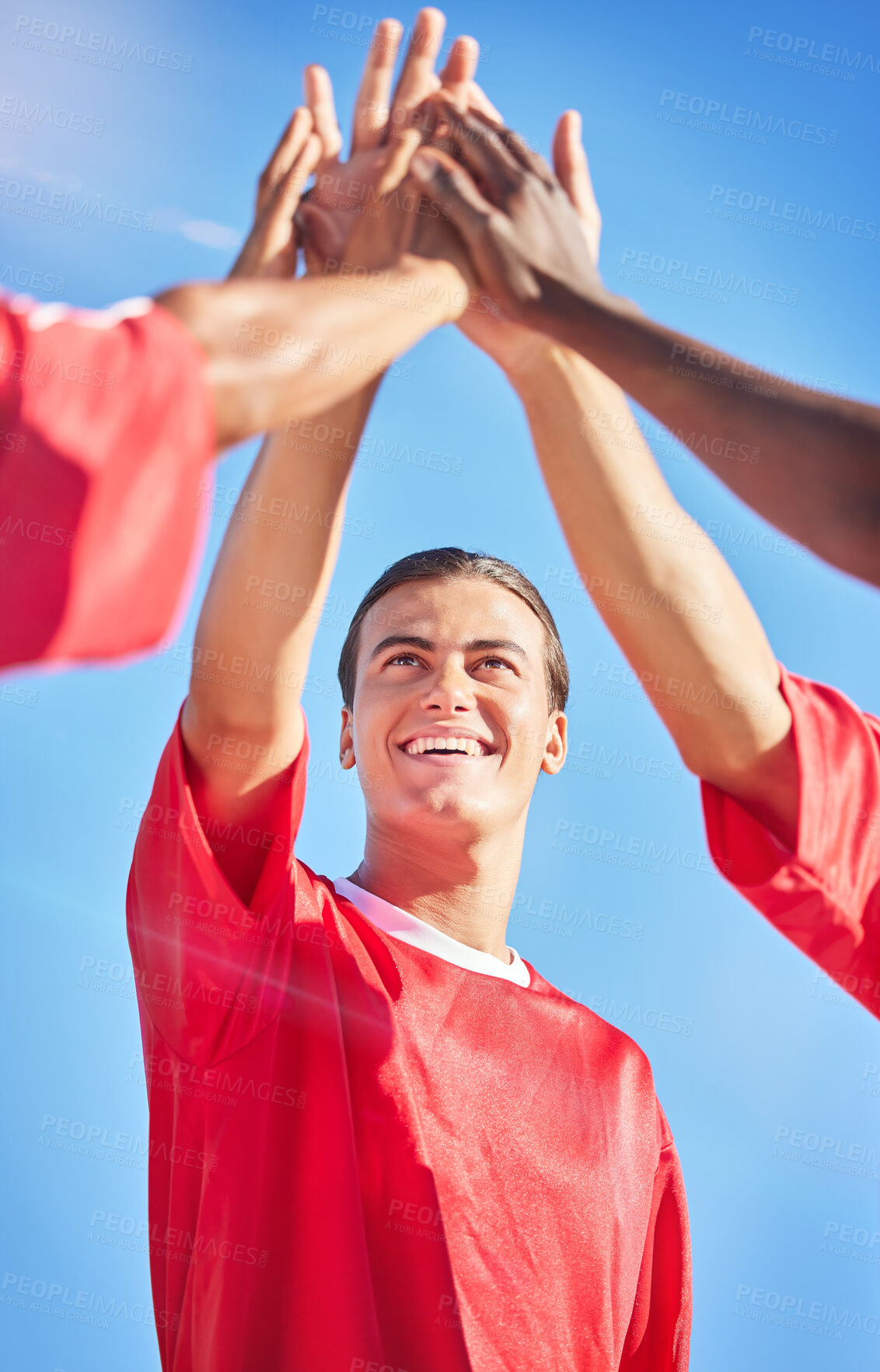 Buy stock photo High five, soccer and team in celebration of a goal and winning in a sports game or match outdoors in summer in Brazil. Success, fitness and happy friends or athletes reaching football score targets