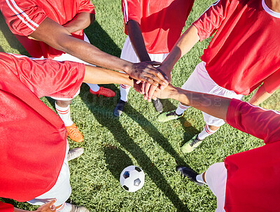 Buy stock photo Soccer, team and hand in stack on field for motivation, support and teamwork at game, contest or match. Football, group and soccer player on pitch together with hands for goal, success and sports