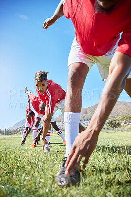 Buy stock photo Soccer team, stretching and training for game, for practice and exercise for health, wellness or outdoor on field. Football, healthy players or focus to prepare on match day in sportswear for fitness