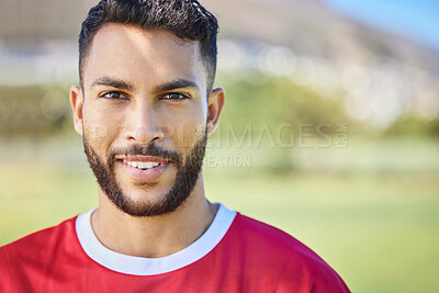 Buy stock photo Soccer player, portrait and man on soccer field happy, smile and excited about sports win at outdoor pitch. Indian football player, fitness and face of athlete guy at football training after workout
