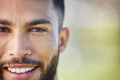 Buy stock photo Happy, park and face portrait of man on outdoor adventure for peace, calm journey or positive mindset. Facial skincare, teeth care smile or happiness for young wellness person on nature forest travel