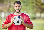 Sports, motivation and portrait of soccer player confident for game, match competition or fitness practice. Winner mindset, athlete focus and football man ready for training, fitness or exercise run