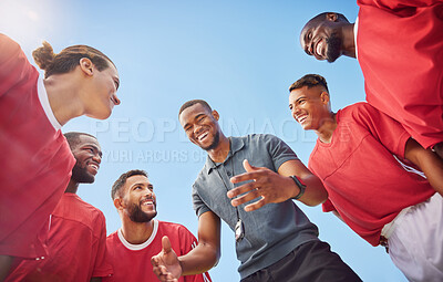 Buy stock photo Soccer, coach and men team in sport, strategy and plan to players before game or match. Coaching, teamwork or support in football group with man talk, communication or conversation with happy smile 