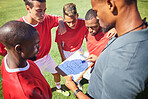 Soccer coaching, planning strategy and group sports competition, game and tactical training on outdoor pitch field. Football players manager, teamwork and paper formation, goals and learning sketch 