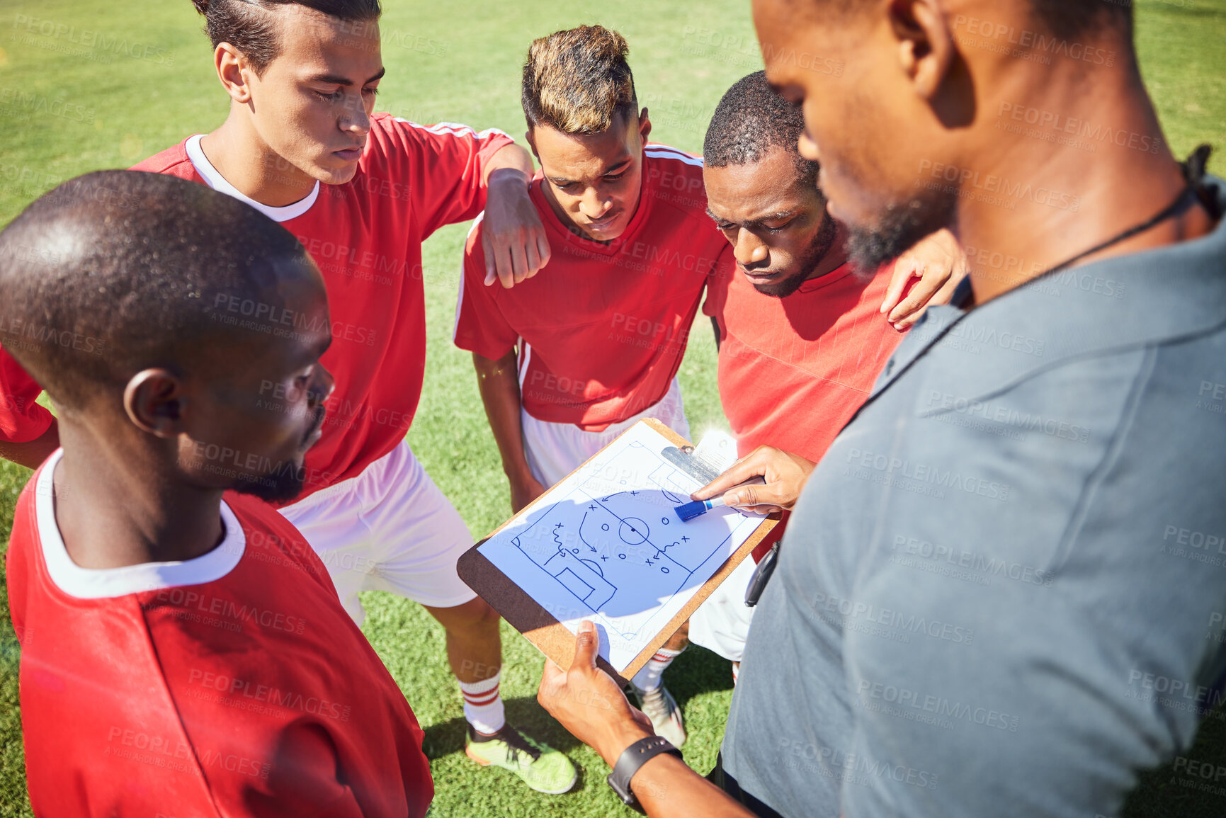 Buy stock photo Soccer coaching, planning strategy and group sports competition, game and tactical training on outdoor pitch field. Football players manager, teamwork and paper formation, goals and learning sketch 