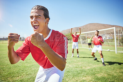 Buy stock photo Football winner, sports and team celebrate game, competition goal or tournament victory with crazy high energy and cheer. Men soccer athlete, diversity fitness people and success celebration