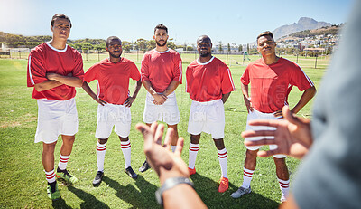 Buy stock photo Coaching, football and sports with team on field for training, motivation and fitness together. Health, teamwork and planning with soccer player athlete learning strategy, communication and support