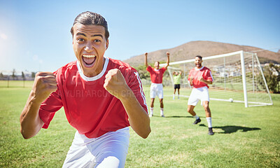 Buy stock photo Soccer player, celebrate and winning team with fist in celebration of scoring goal for sport match, game or competition with success gesture. Victory and fun with men training on football field
