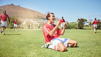Buy stock photo Soccer player, cheering and winner fist in game success, community match or energy workout training. Smile, happy and celebration for football player, men or sports friends on competition grass field